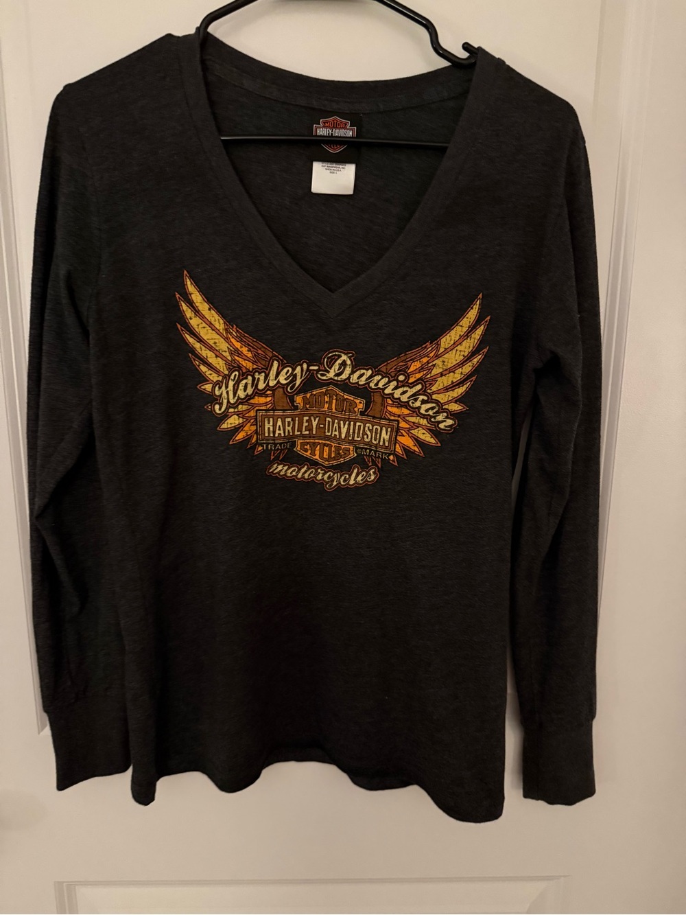 Harley-Davidson Women's Charcoal V-Neck with Gold Wing Logo